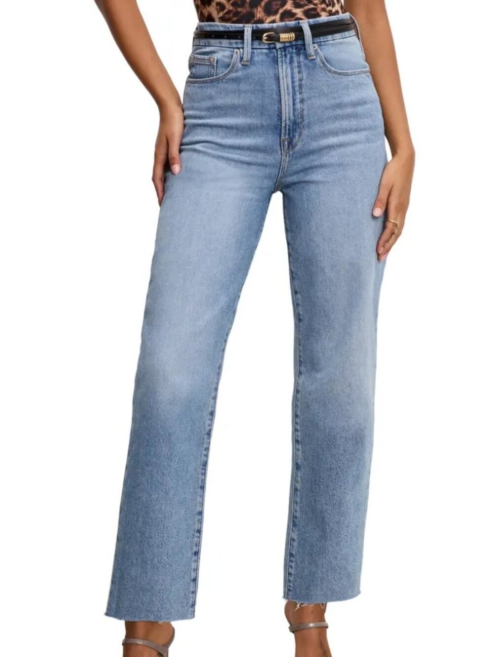 GOOD AMERICAN Good Boy Raw Hem High Waist Ankle Straight Jeans in Indigo
